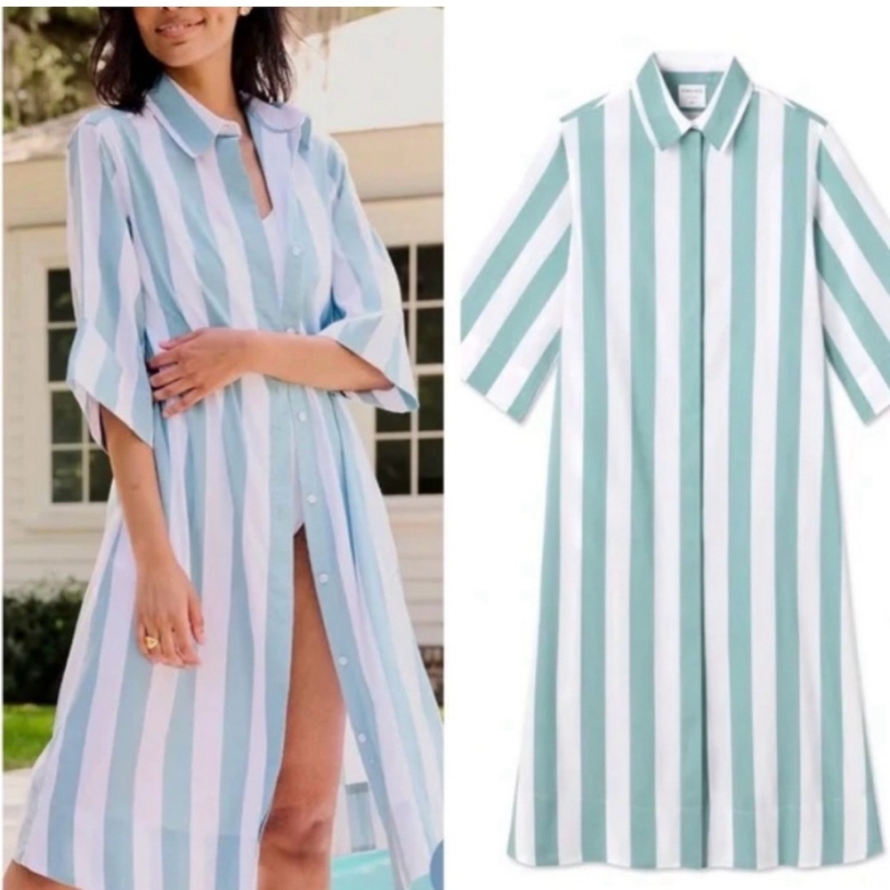 Atlantic Pacific X Lake Azure Blue White Striped Marine Caftan Midi Dress SMALL